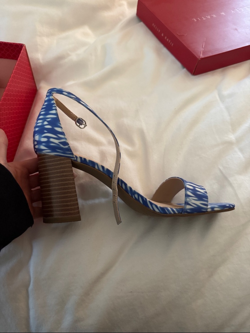 Kelly & Katie Blue White Patterned Block Heel Sandals